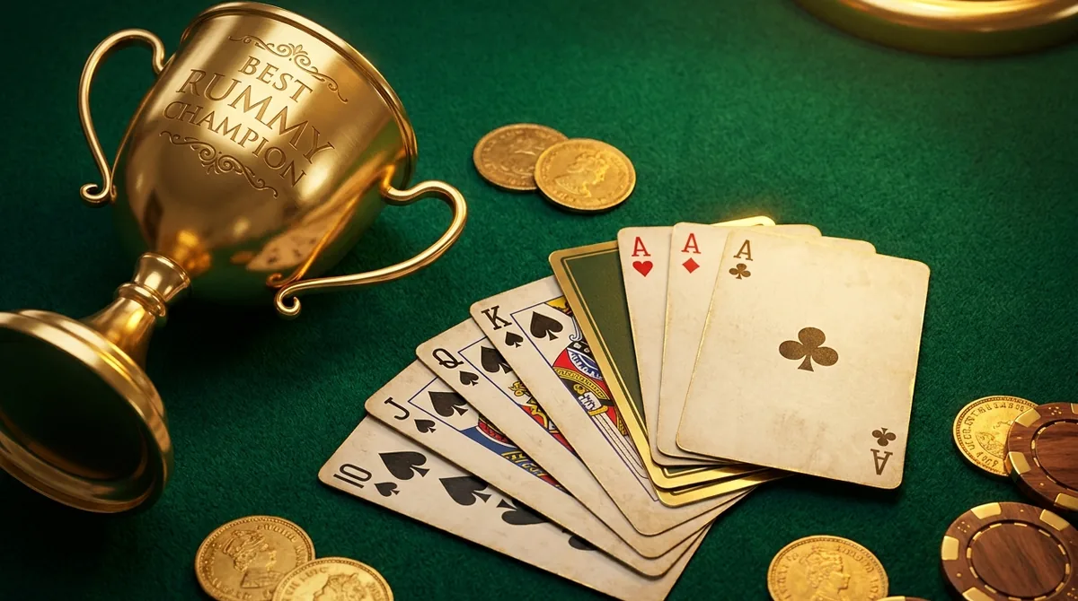 A gold trophy beside a fan of rummy cards arranged as a sequence and a set, representing how to choose the best rummy app.