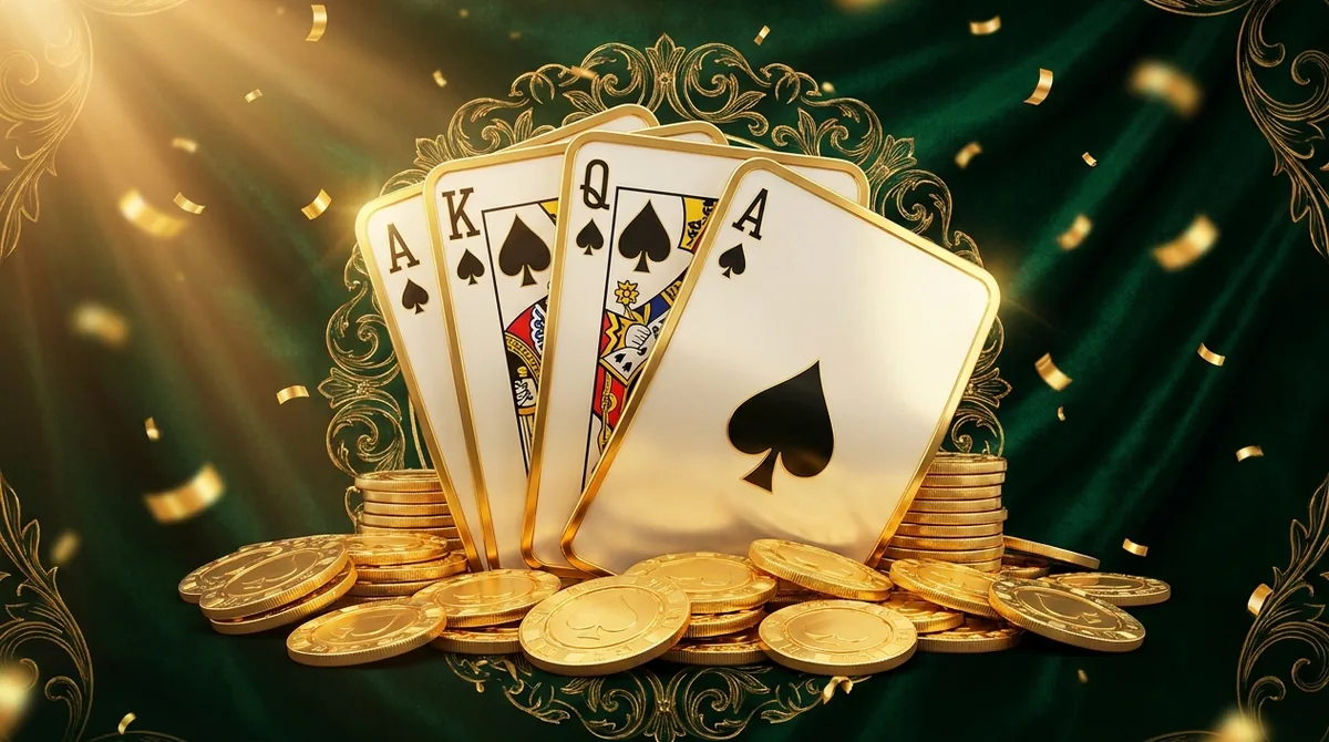 A golden-edged fan of cards with gold coins and chips, representing the Teen Patti Gold app.