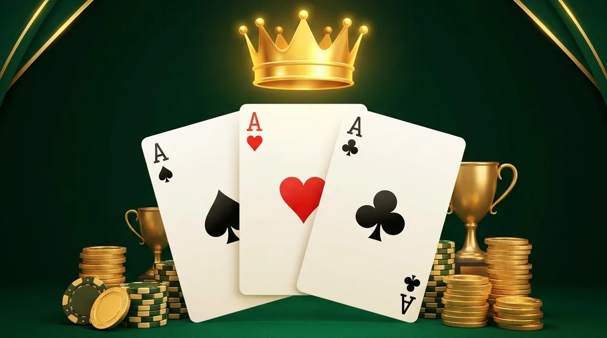 Three aces (a trail) with a gold crown, coins and chips, representing the Teen Patti Master app.