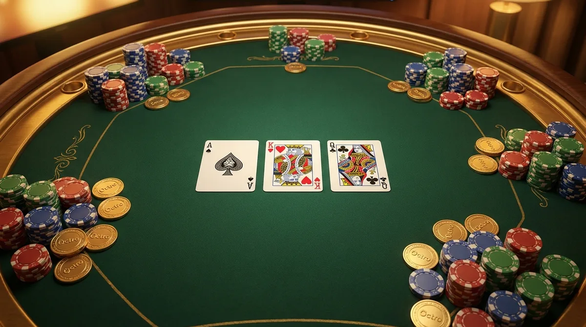 A friendly online multiplayer Teen Patti table with piles of free chips and gold coins, representing the Teen Patti Octro app.