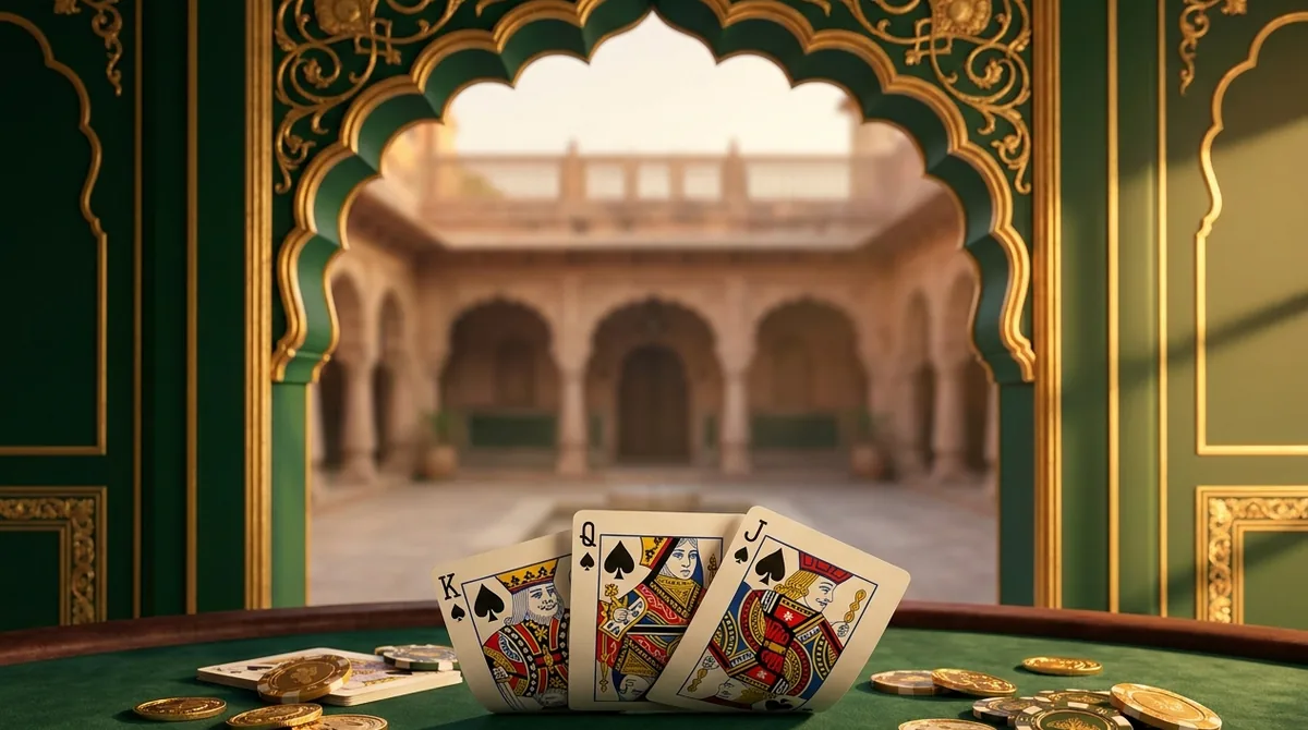 An ornate Indian palace backdrop with a royal sequence of cards, gold coins and chips, representing the Teen Patti Palace app.