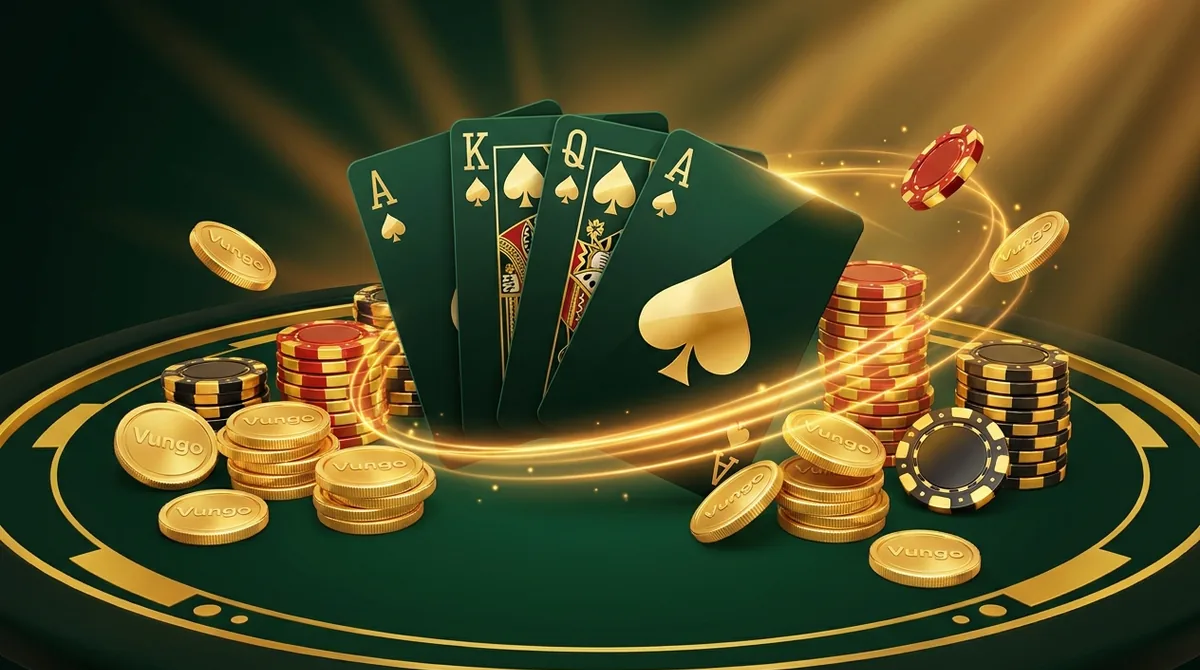 A fan of playing cards with glossy gold coins and casino chips, representing the Teen Patti Vungo app.